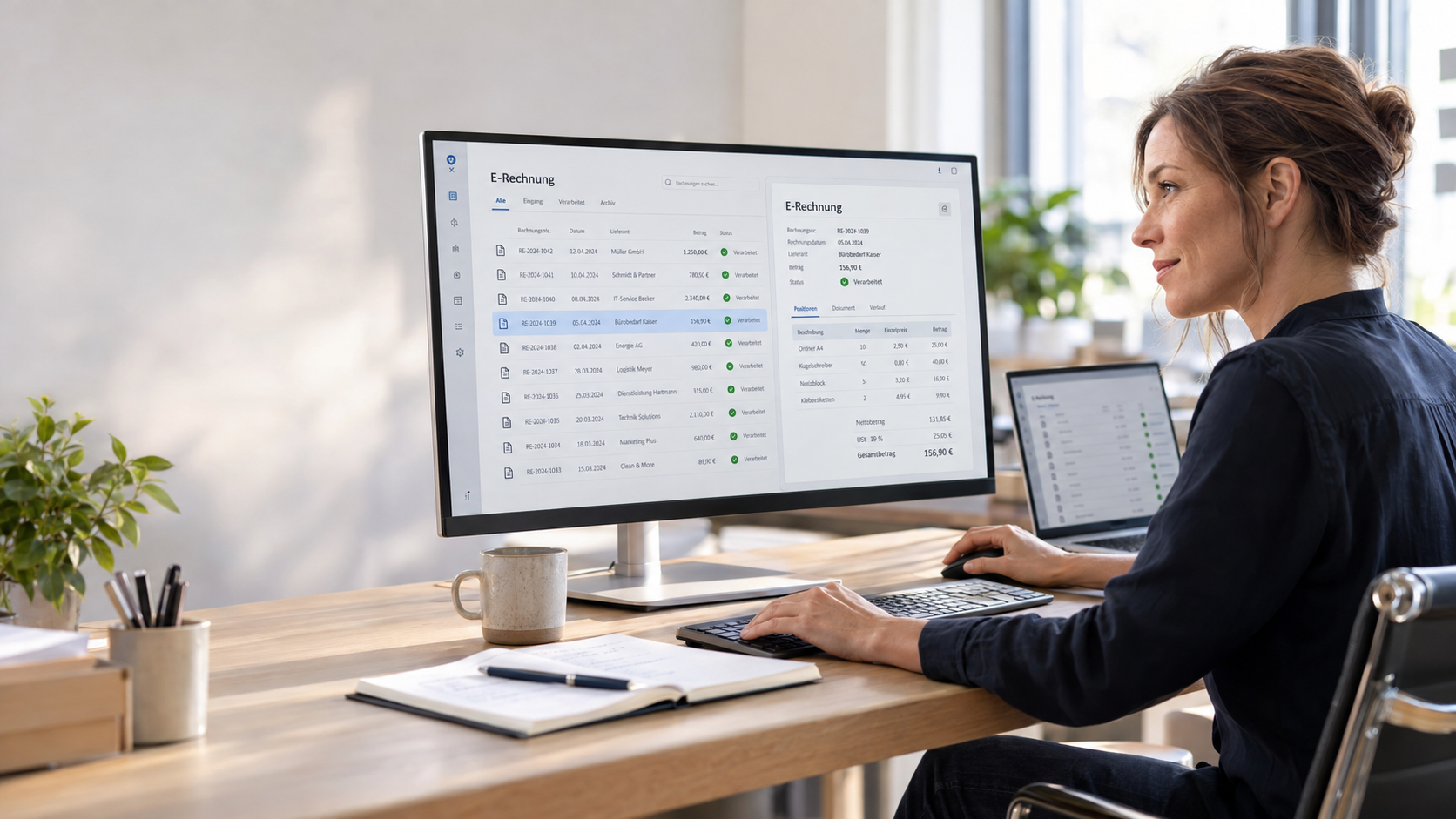 Eine Mitarbeiterin bearbeitet elektronische Rechnungen am Computer. Der Monitor zeigt eine Rechnungsübersicht mit Statusanzeigen und Rechnungsdetails.
