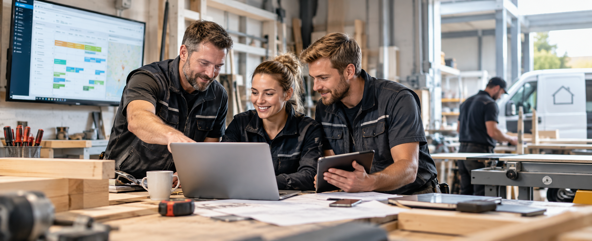 Modernes Verlagsteam arbeitet mit digitalen Redaktionssystemen und IT-Lösungen an der Erstellung und Verwaltung von Print- und Online-Publikationen.