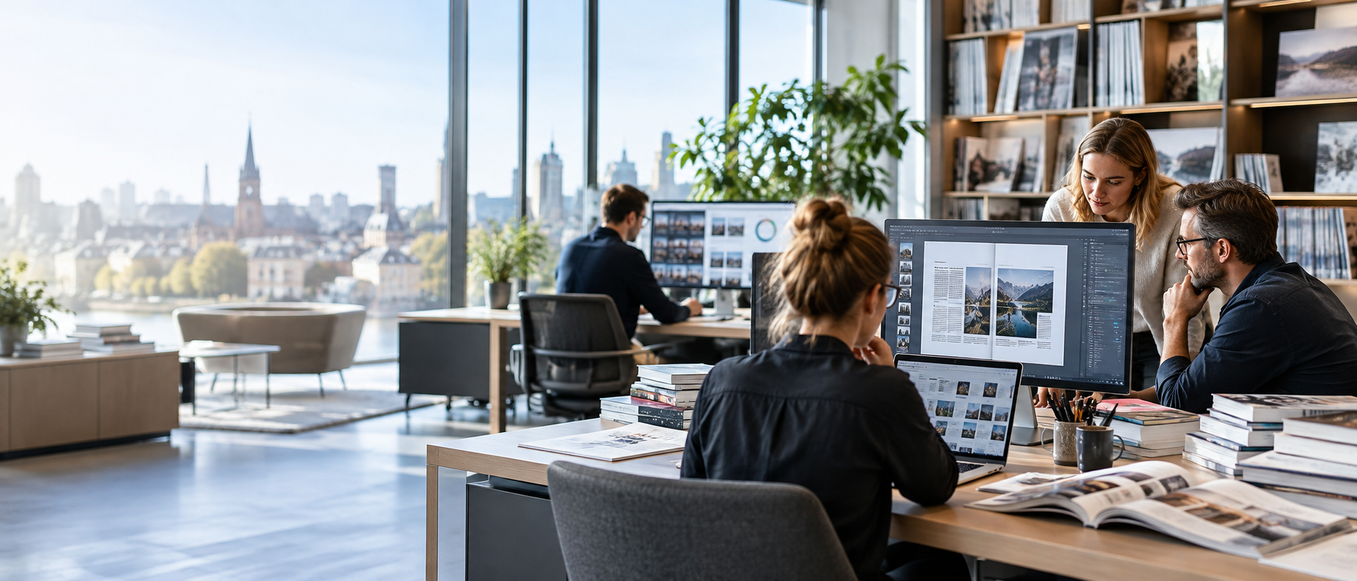 Modernes Verlagsteam arbeitet mit digitalen Redaktionssystemen und IT-Lösungen an der Erstellung und Verwaltung von Print- und Online-Publikationen.