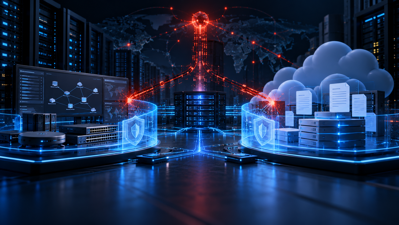Darstellung eines Cyberangriffs auf eine Netzwerkverwaltung und eine cloudbasierte Dokumentenplattform