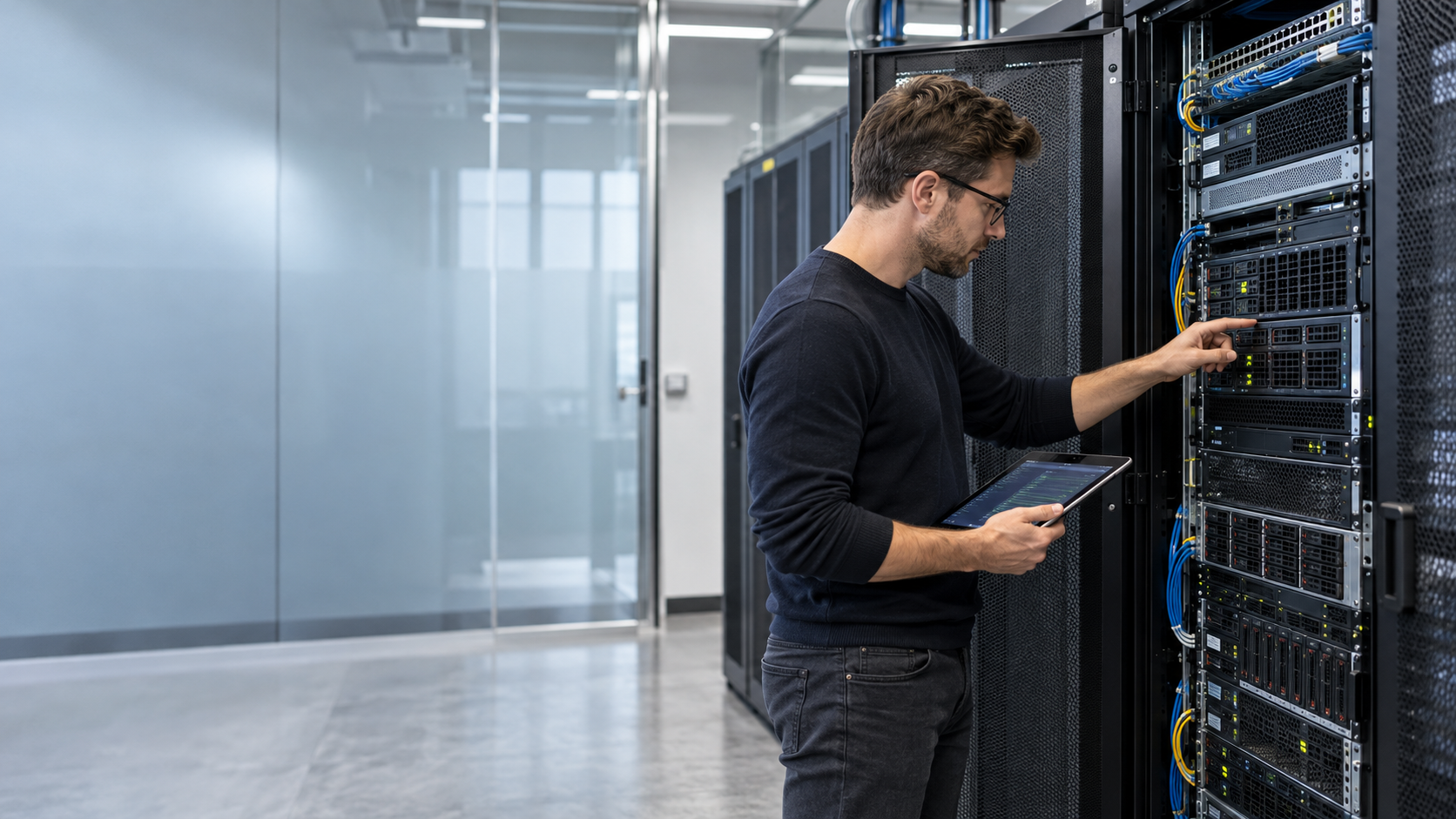 IT-Fachkraft mit Tablet prüft die Statusanzeigen eines Servers in einem geöffneten Serverrack.