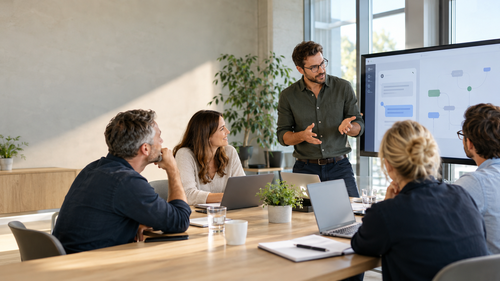 Teilnehmer eines KI-Workshops sitzen mit Laptops am Tisch, während ein Trainer einen KI-Workflow auf einem Bildschirm erklärt.