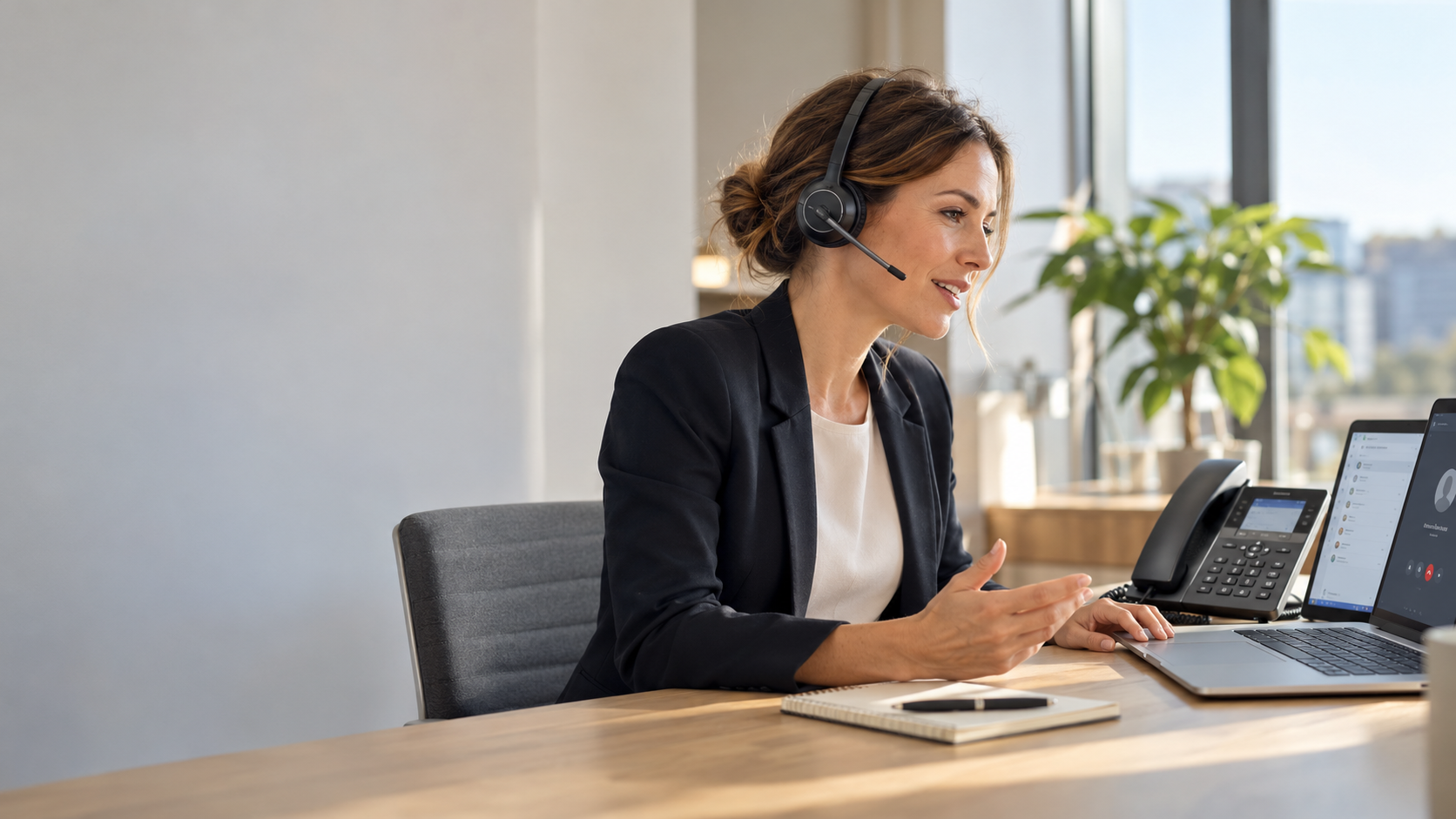 Eine Mitarbeiterin telefoniert per Headset an ihrem Laptop. Auf dem Schreibtisch steht ein IP-Telefon.