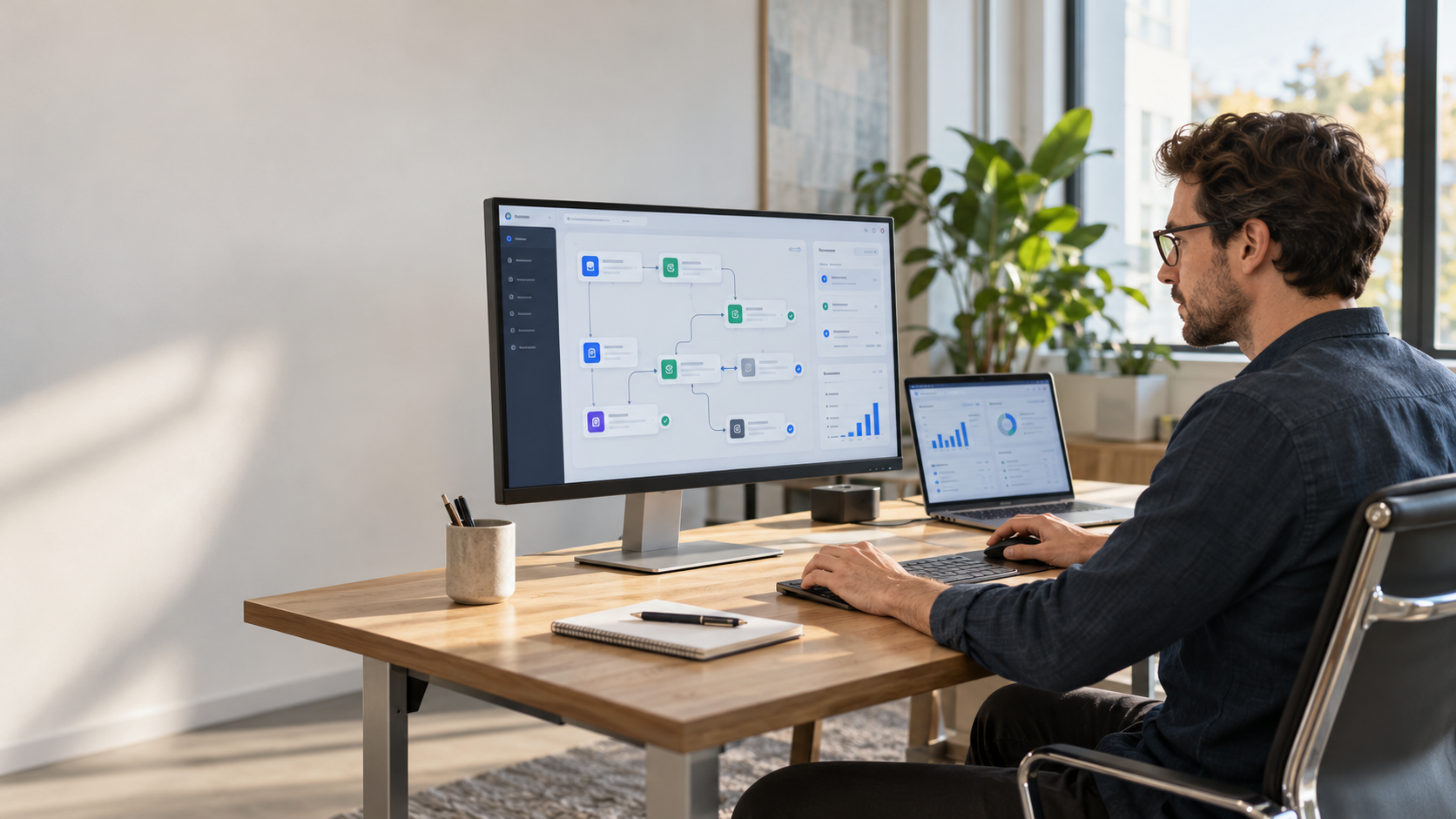 Ein Mann arbeitet an einem Monitor mit visuellem Automatisierungsworkflow. Daneben zeigt ein Laptop ein Dashboard mit Diagrammen.