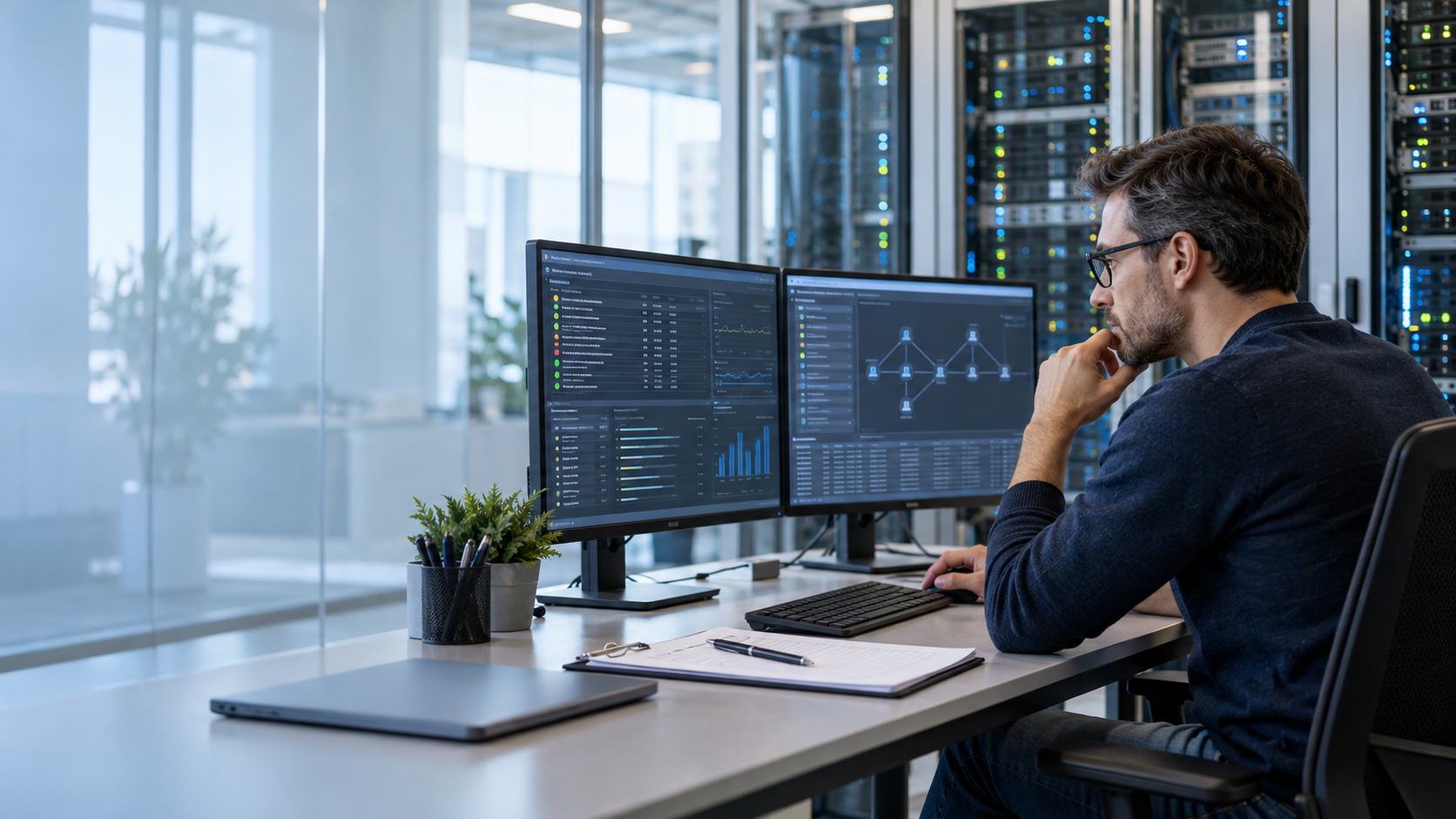 IT-Fachkraft analysiert Systemdaten und eine Netzwerkübersicht auf zwei Monitoren vor einem Serverraum.