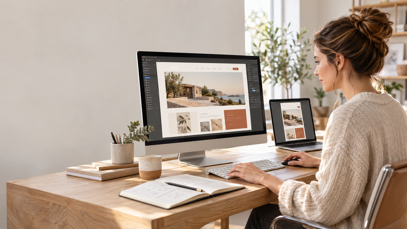 Webdesignerin gestaltet eine Website am großen Monitor. Ein Laptop daneben zeigt die mobile Ansicht, auf dem Tisch liegen Layout-Skizzen.